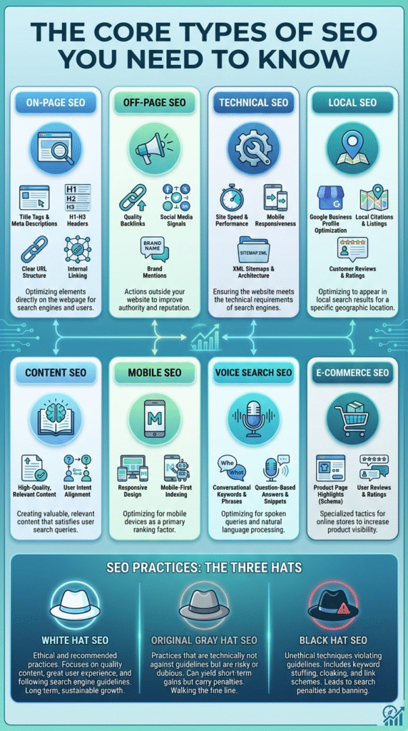 Infographic covering all the types of SEO one needs to know.
